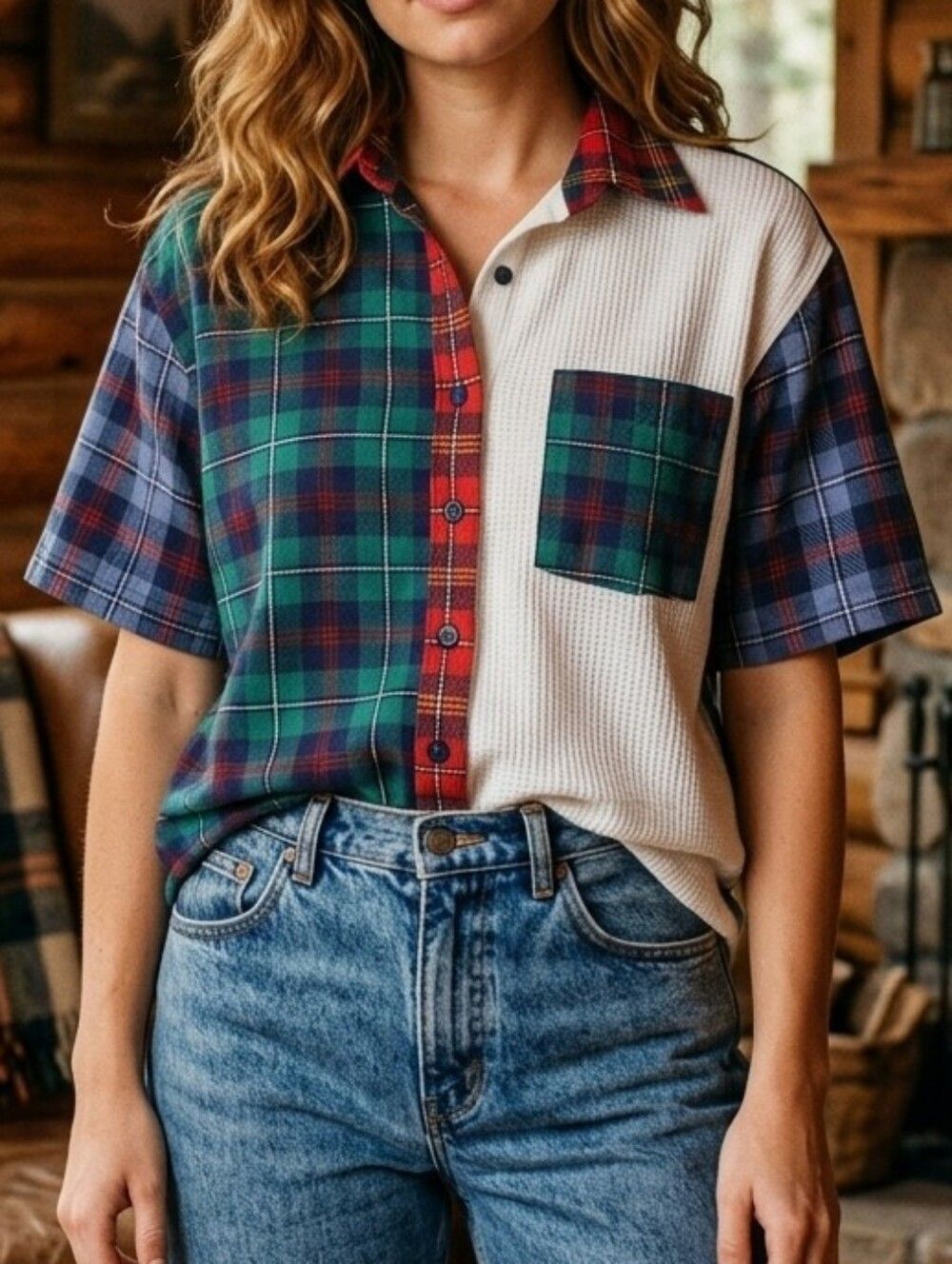 Vintage 90s 80s Caribou mixed plaid thermal button front short sleeve cabincore - Picture 1 of 7